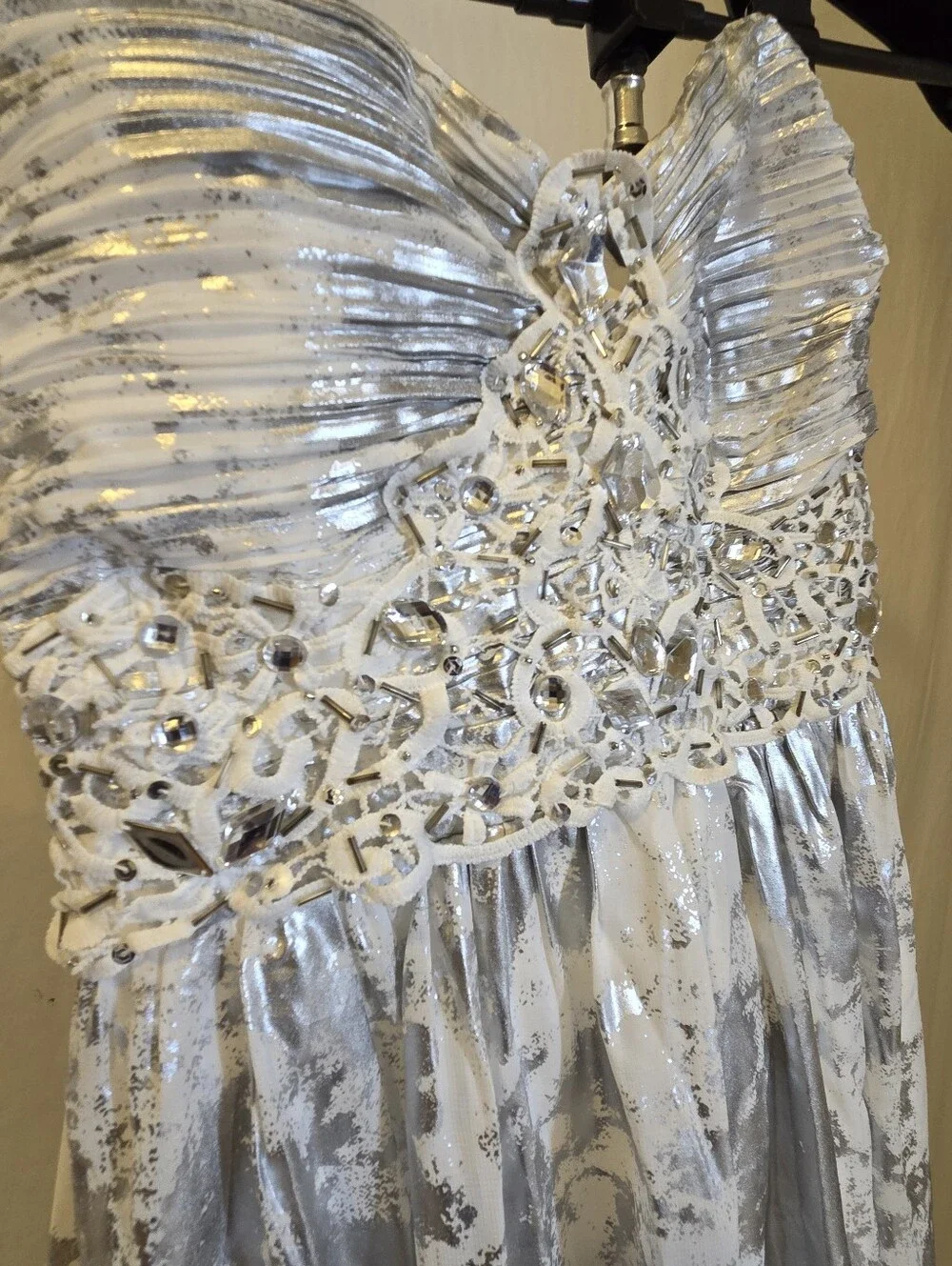 Maniju Silver Strapless Evening Dress with Embellished Bodice
